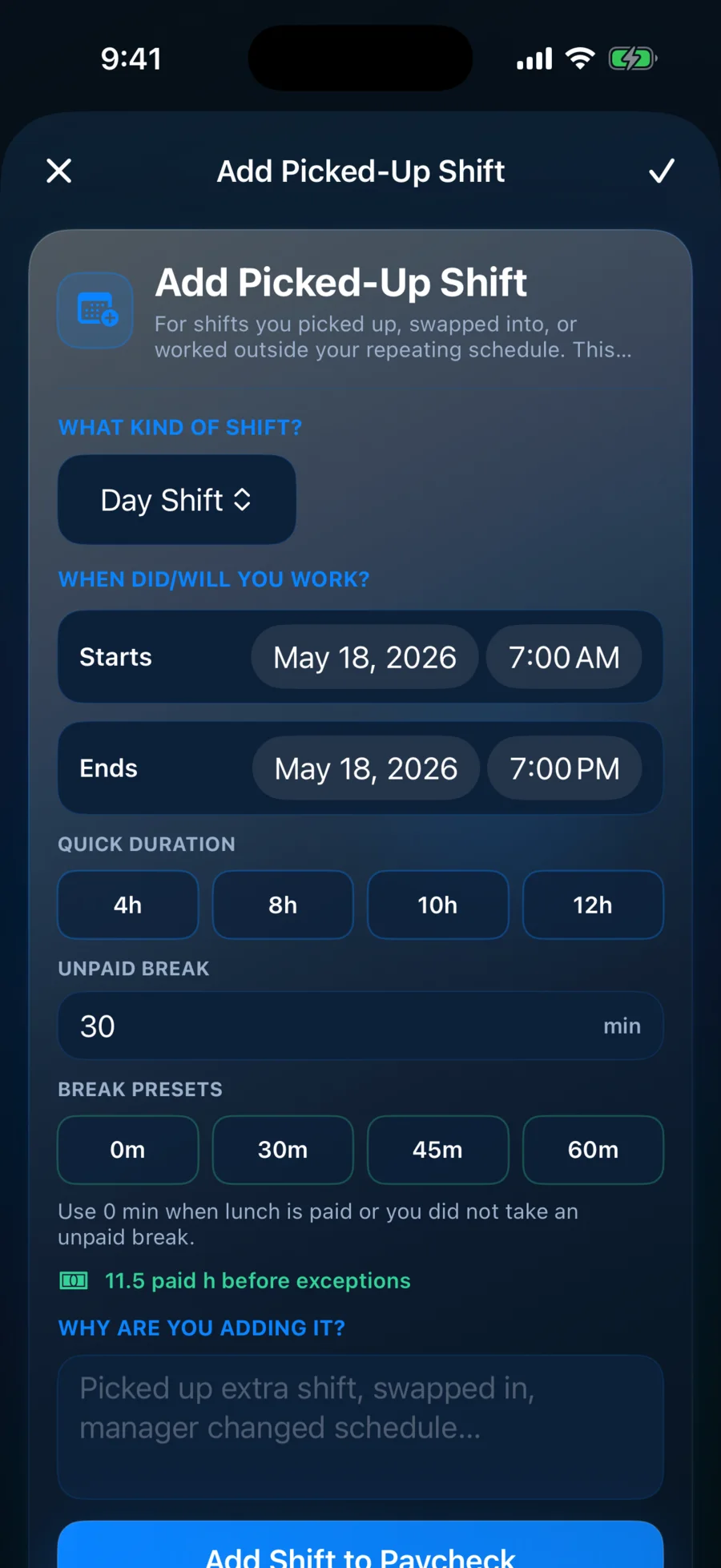 ShiftPay form for adding a picked-up shift and unpaid break