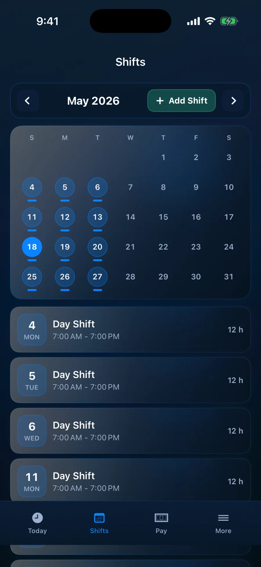 ShiftPay shift calendar showing a repeating day-shift schedule